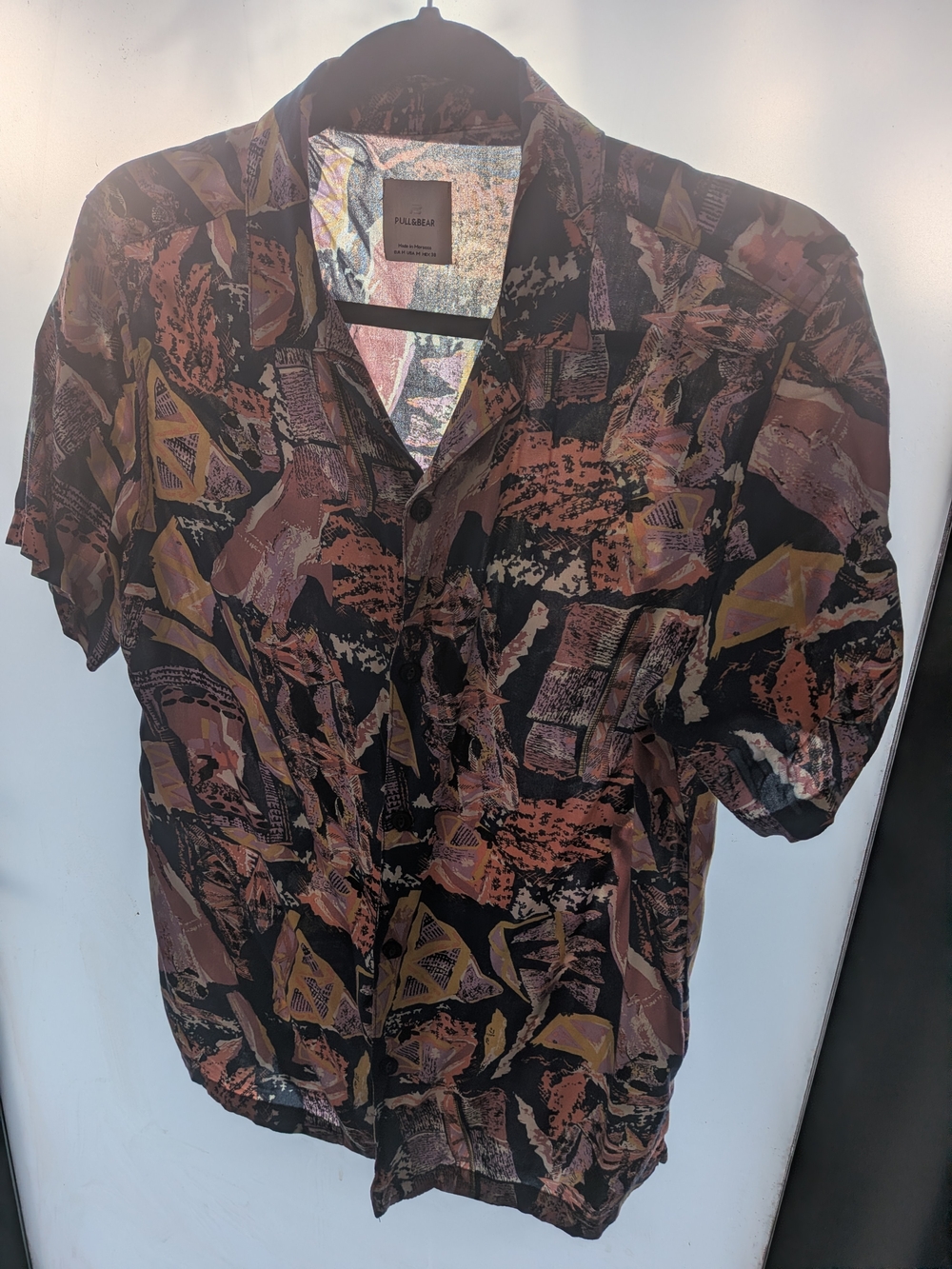 Pull&Bear Black Abstract Print Short-Sleeve Button-Down Shirt